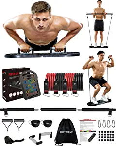 HOTWAVE Portable Home Gym Workout Equipment, Push Up Board Strength Training with 16 Gym Accessories, Foldable Pushup bar, Pilates Bar, core sliders and More for Full Body Workouts System
